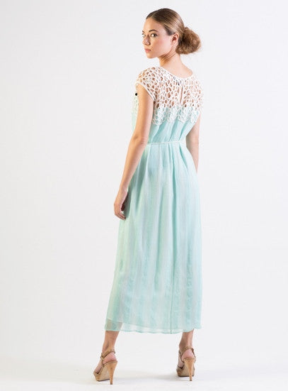 Pastel Mint Silk chiffon self striped dress w/ lace yoke- SOLD OUT