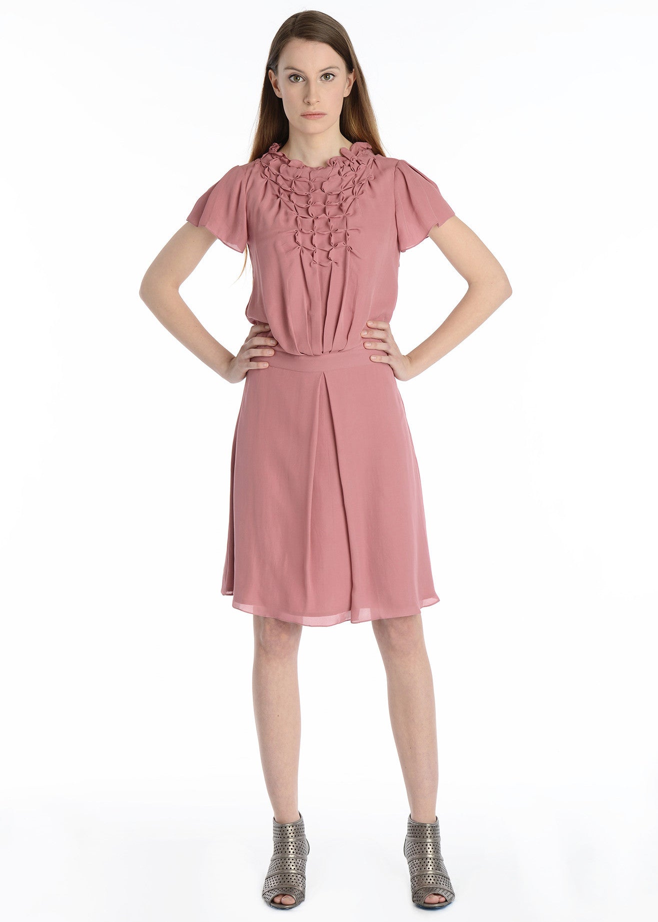 Floral hand pintuck detail silk fit & flare dress Floral hand pintuck detail silk fit & flare dress