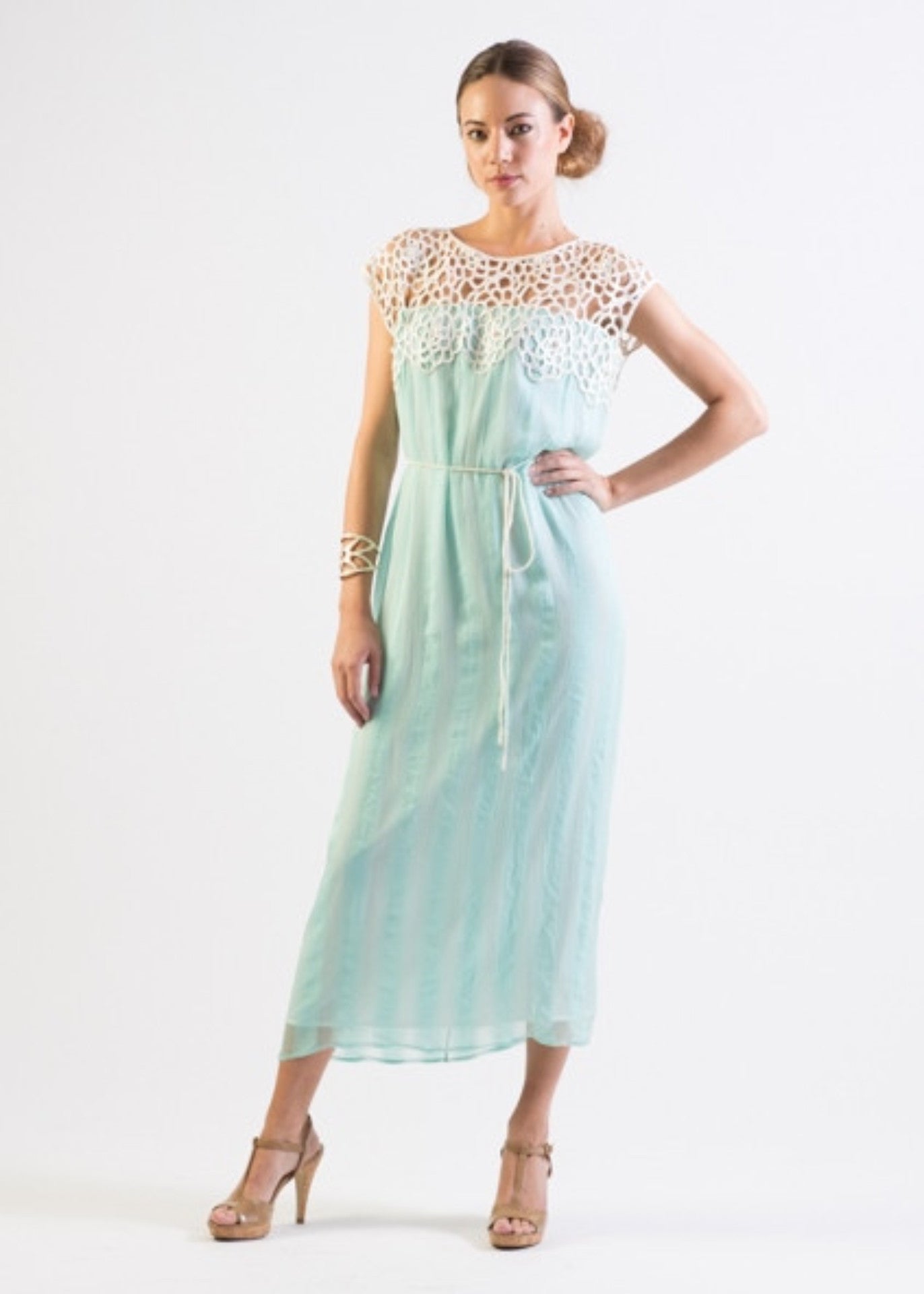 Pastel Mint Silk chiffon self striped dress w/ lace yoke- SOLD OUT T.Tandon Pastel Mint Silk chiffon self striped dress w/ lace yoke- SOLD OUT T.Tandon
