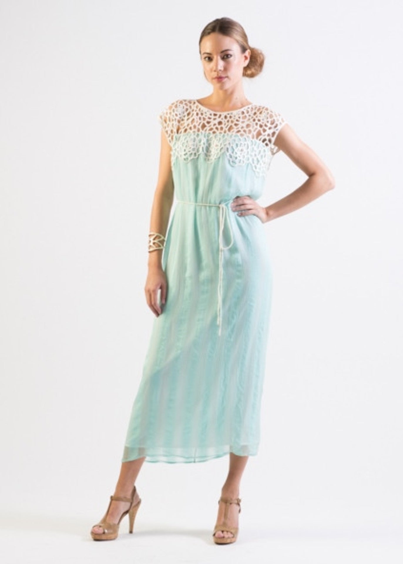 Pastel Mint Silk chiffon self striped dress w/ lace yoke- SOLD OUT