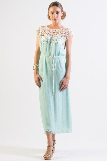 Pastel Mint Silk chiffon self striped dress w/ lace yoke- SOLD OUT