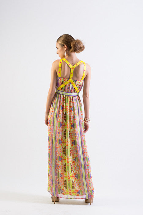 Multi-color tribal print chiffon maxi dress with straps detail