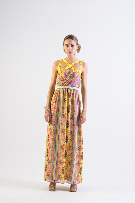 Multi-color tribal print chiffon maxi dress with straps detail