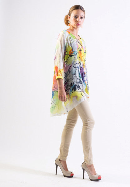 Silk/ Cotton abstract bird print hi-low hem long shirt