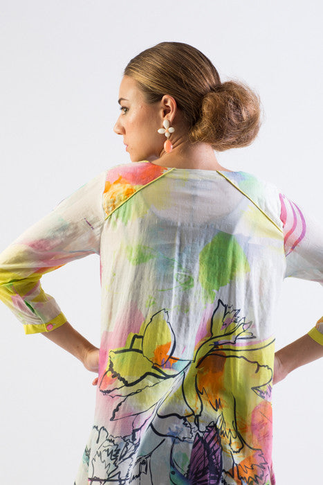 Silk/ Cotton abstract bird print hi-low hem long shirt