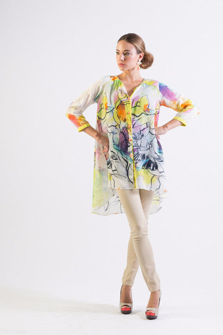 Silk/ Cotton abstract bird print hi-low hem long shirt