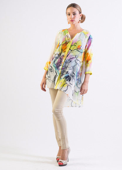 Silk/ Cotton abstract bird print hi-low hem long shirt