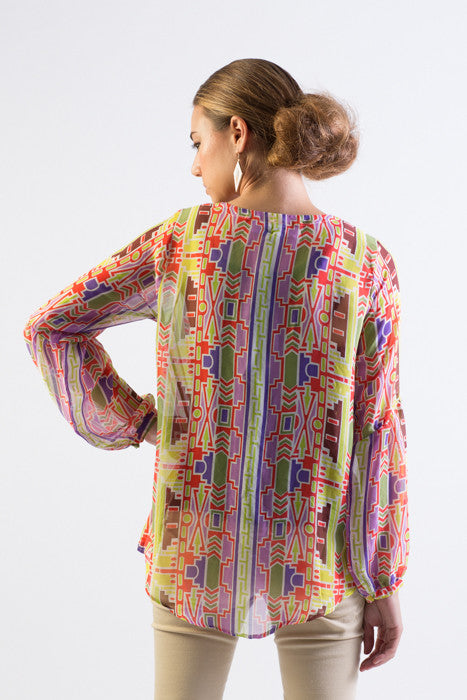 Multi-color tribal print chiffon button-down shirt