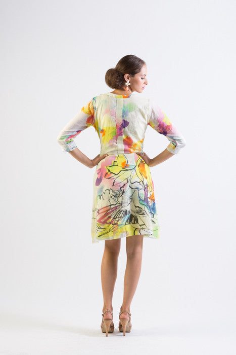 Silk/ Cotton abstract bird print fit & flare dress