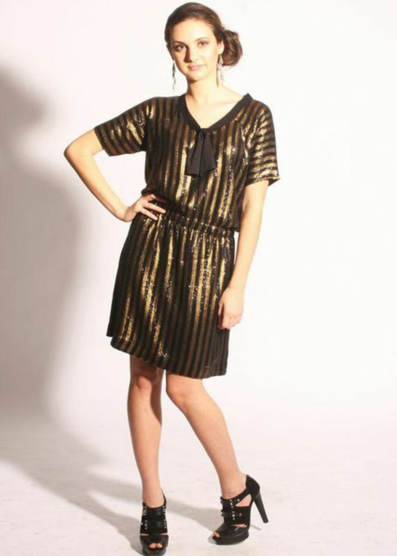 Metallic Gold and Black striped All Over Sequin Party Dress Metallic Gold and Black striped All Over Sequin Party Dress