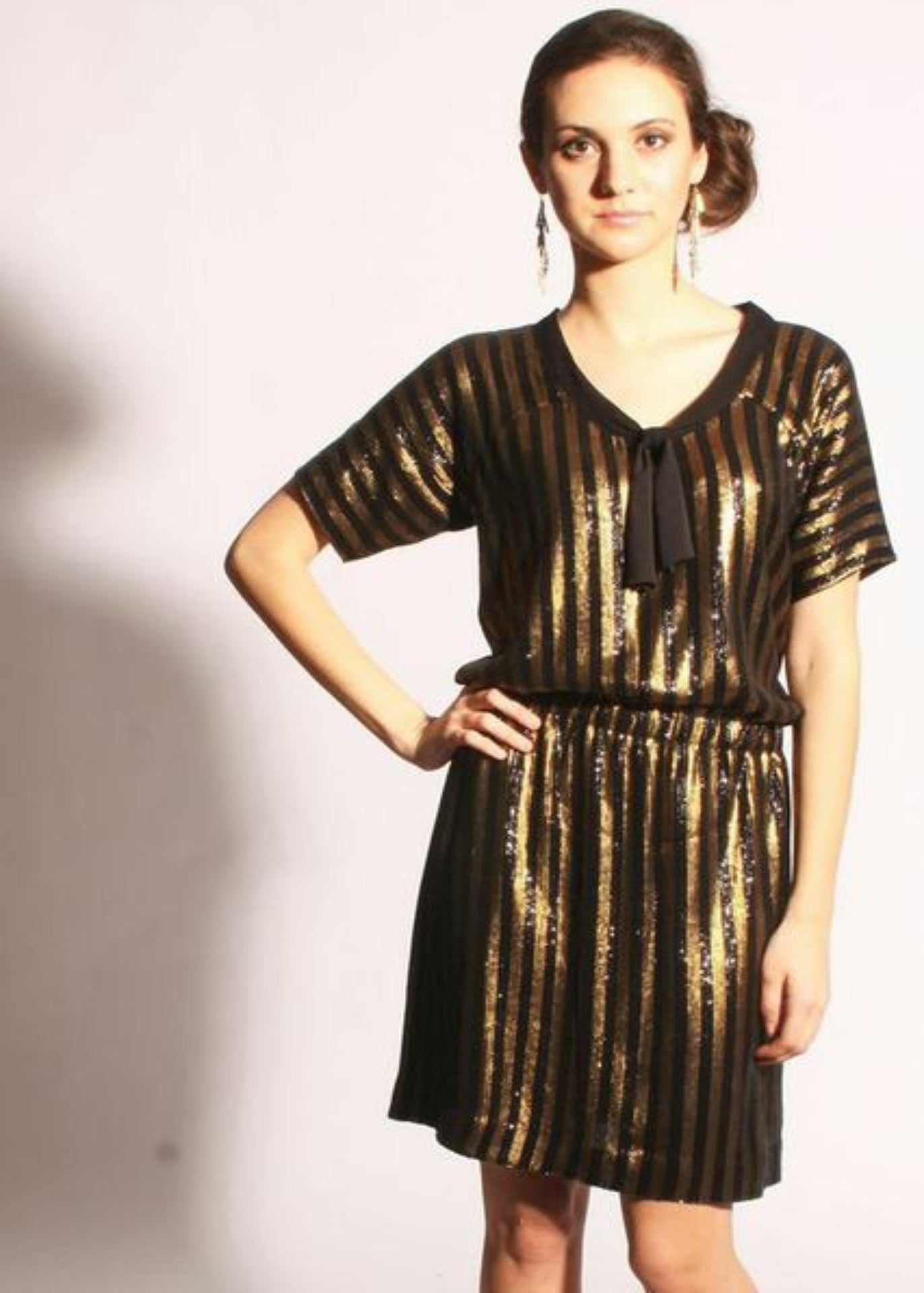 Metallic Gold and Black striped All Over Sequin Party Dress