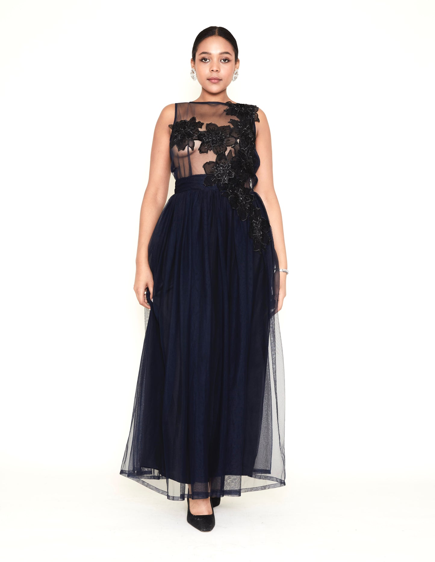 Sheer Tulle gown with 3D floral applique