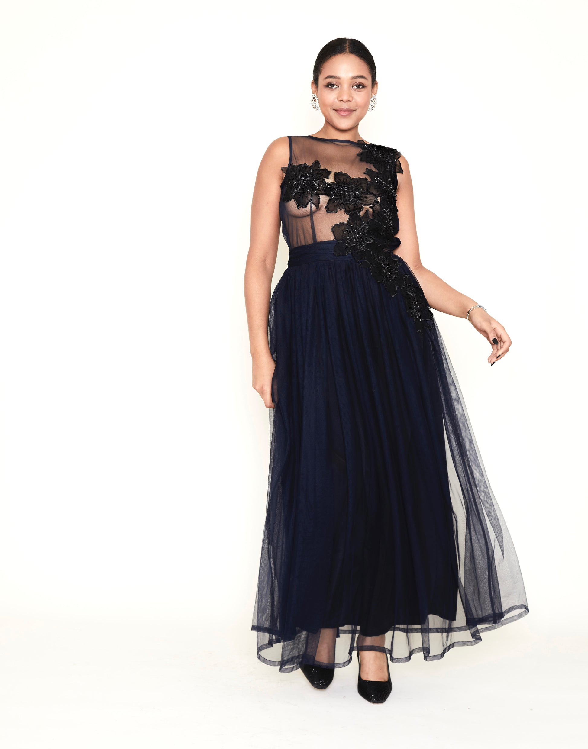 Sheer Tulle gown with 3D floral applique – T.Tandon Sheer Tulle gown with 3D floral applique – T.Tandon