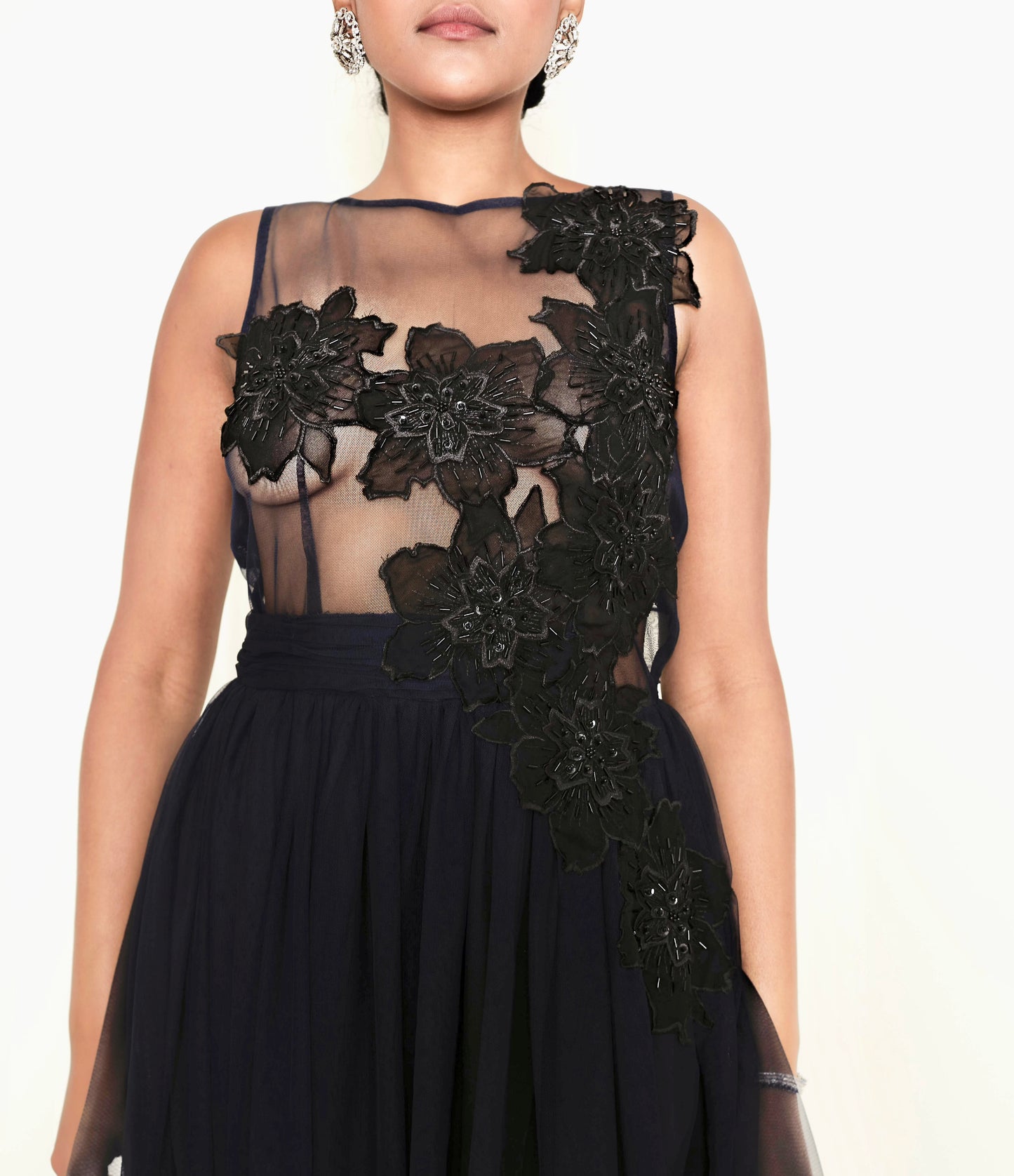 Sheer Tulle gown with 3D floral applique