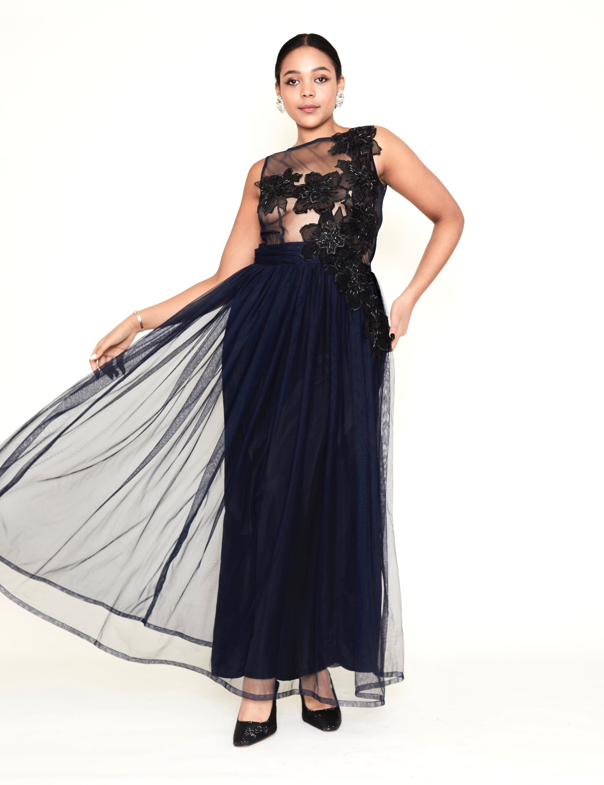 Sheer Tulle gown with 3D floral applique – T.Tandon Sheer Tulle gown with 3D floral applique – T.Tandon