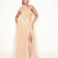 Off-shoulder high leg slit embroidery detail gown