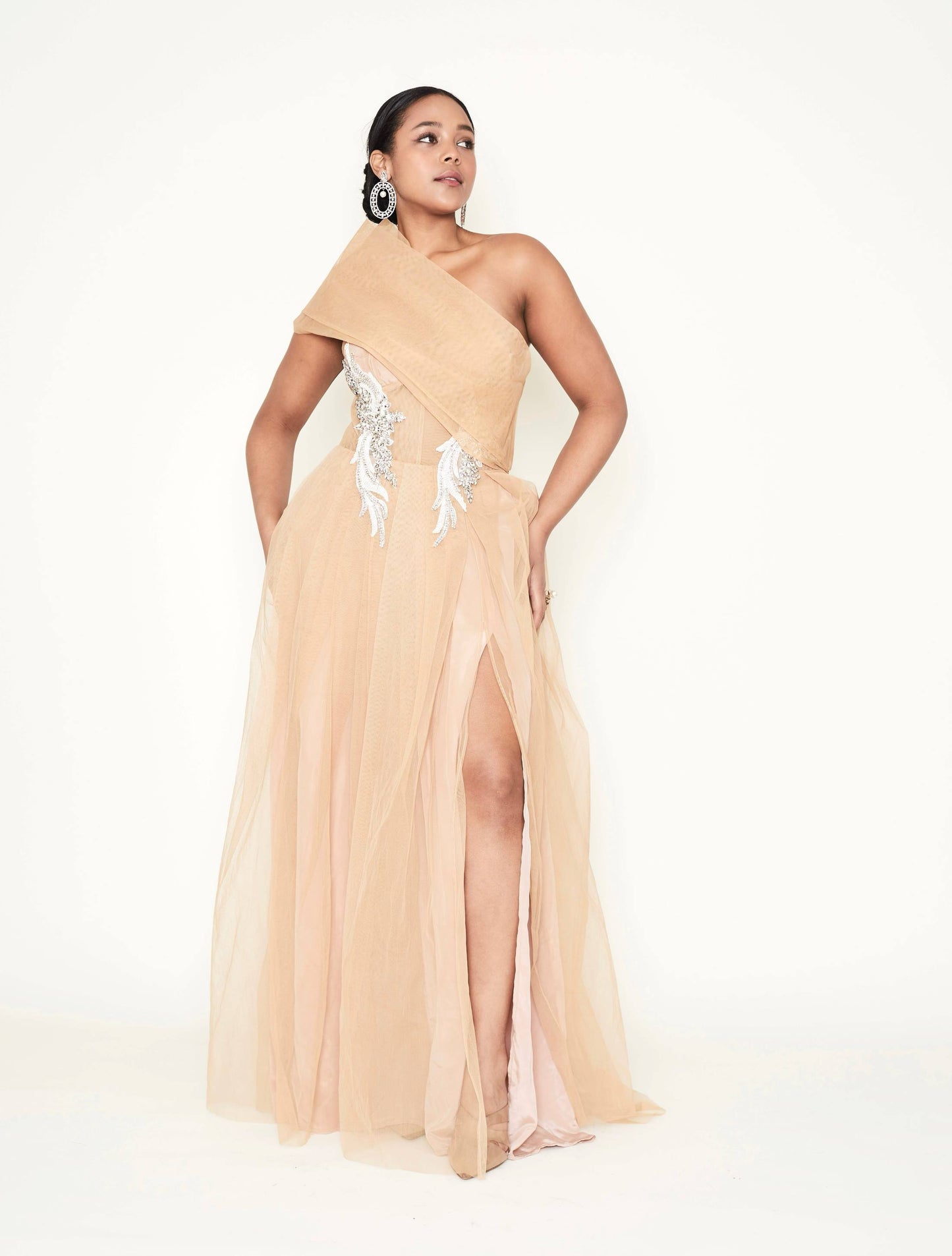Off-shoulder high leg slit embroidery detail gown