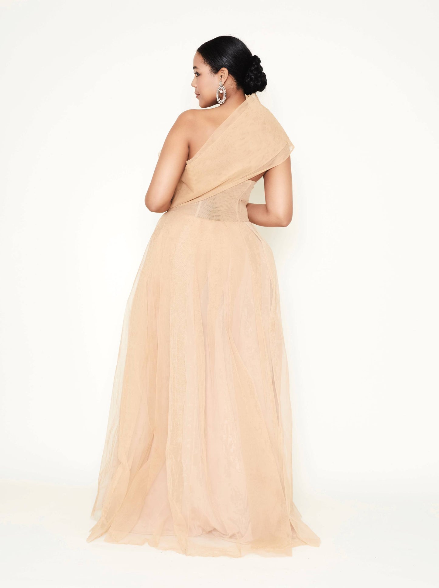 Off-shoulder high leg slit embroidery detail gown