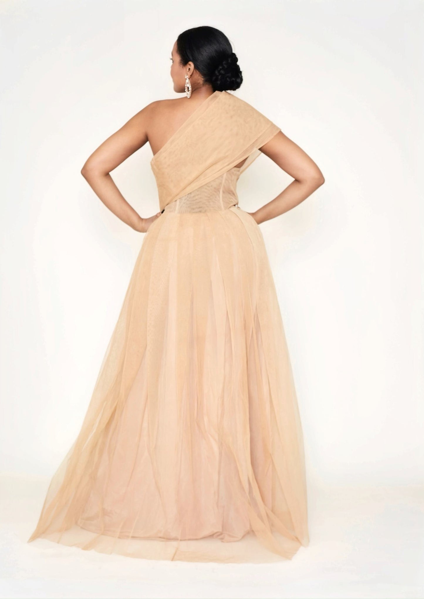 Off-shoulder high leg slit embroidery detail gown