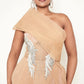 Off-shoulder high leg slit embroidery detail gown