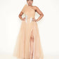 Off-shoulder high leg slit embroidery detail gown