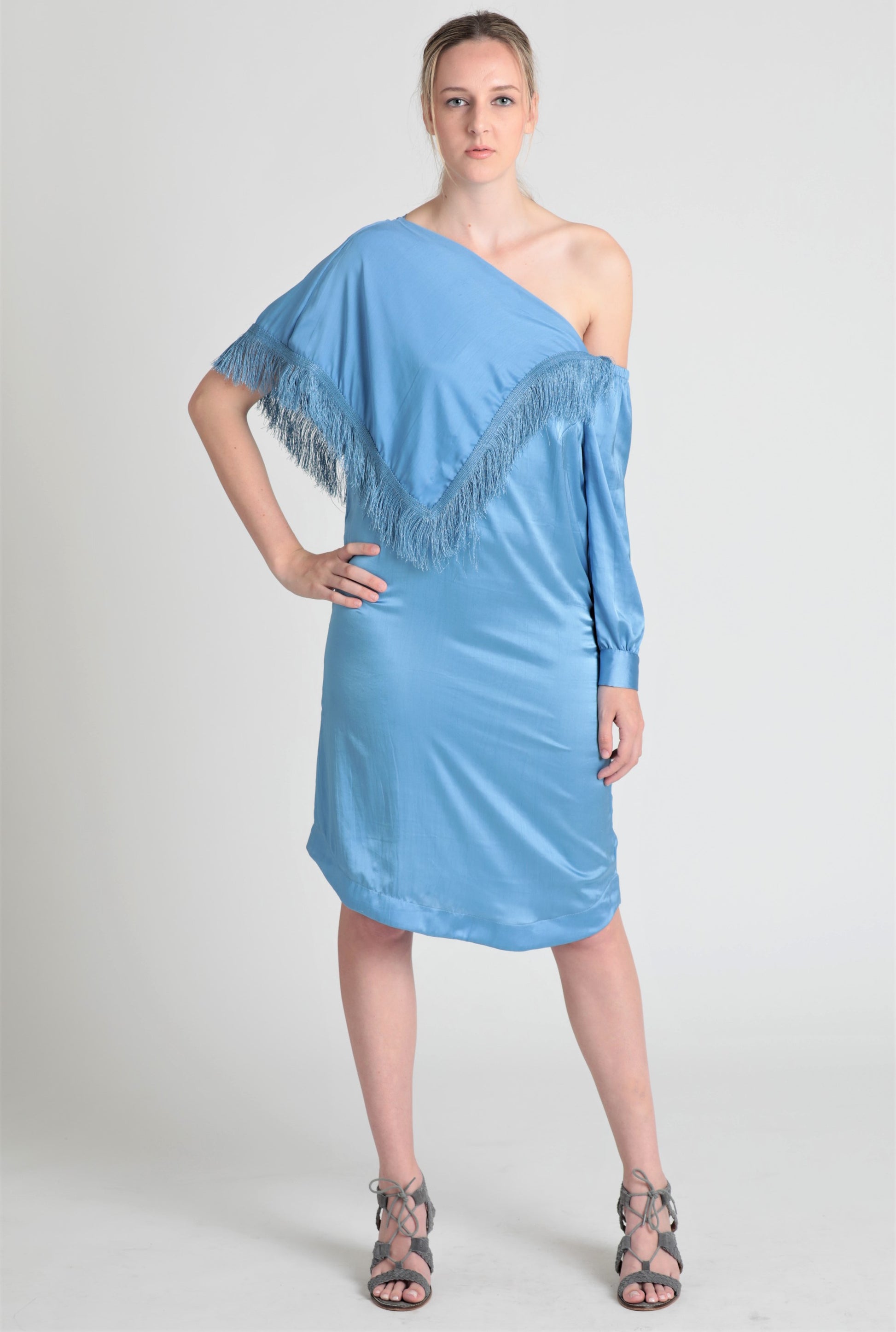Satin off-shoulder fringe detail dress. T.Tandon Satin off-shoulder fringe detail dress. T.Tandon