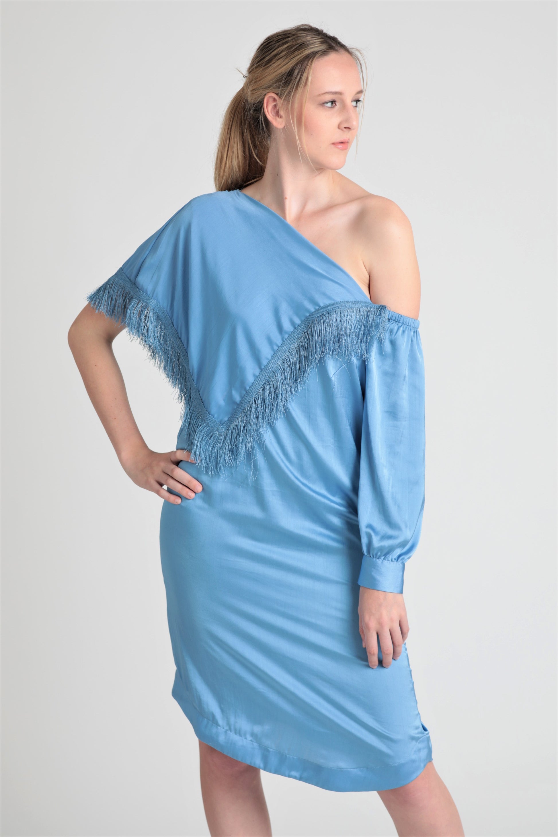 off shoulder fringe dress May Queen RQ8197 - Long Sheath Dress