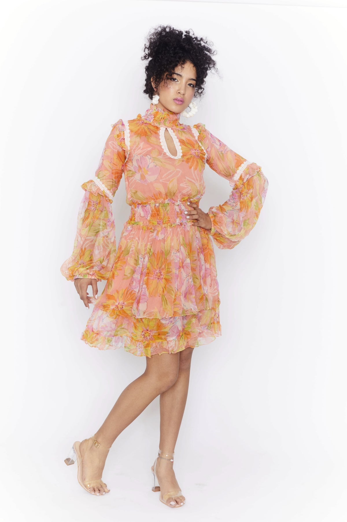 Floral print shirt ruffle dress