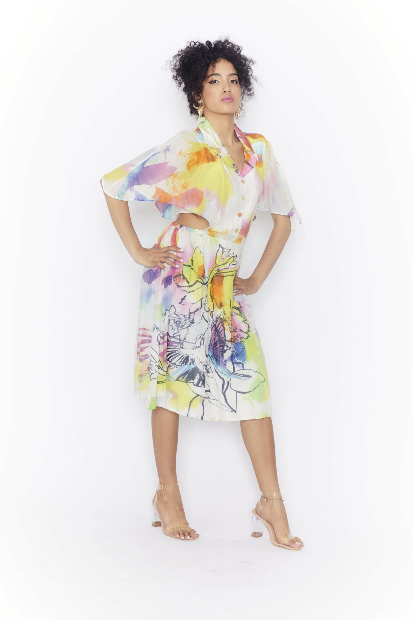 Abstract print Silk/ Cotton A-line Shirt dress