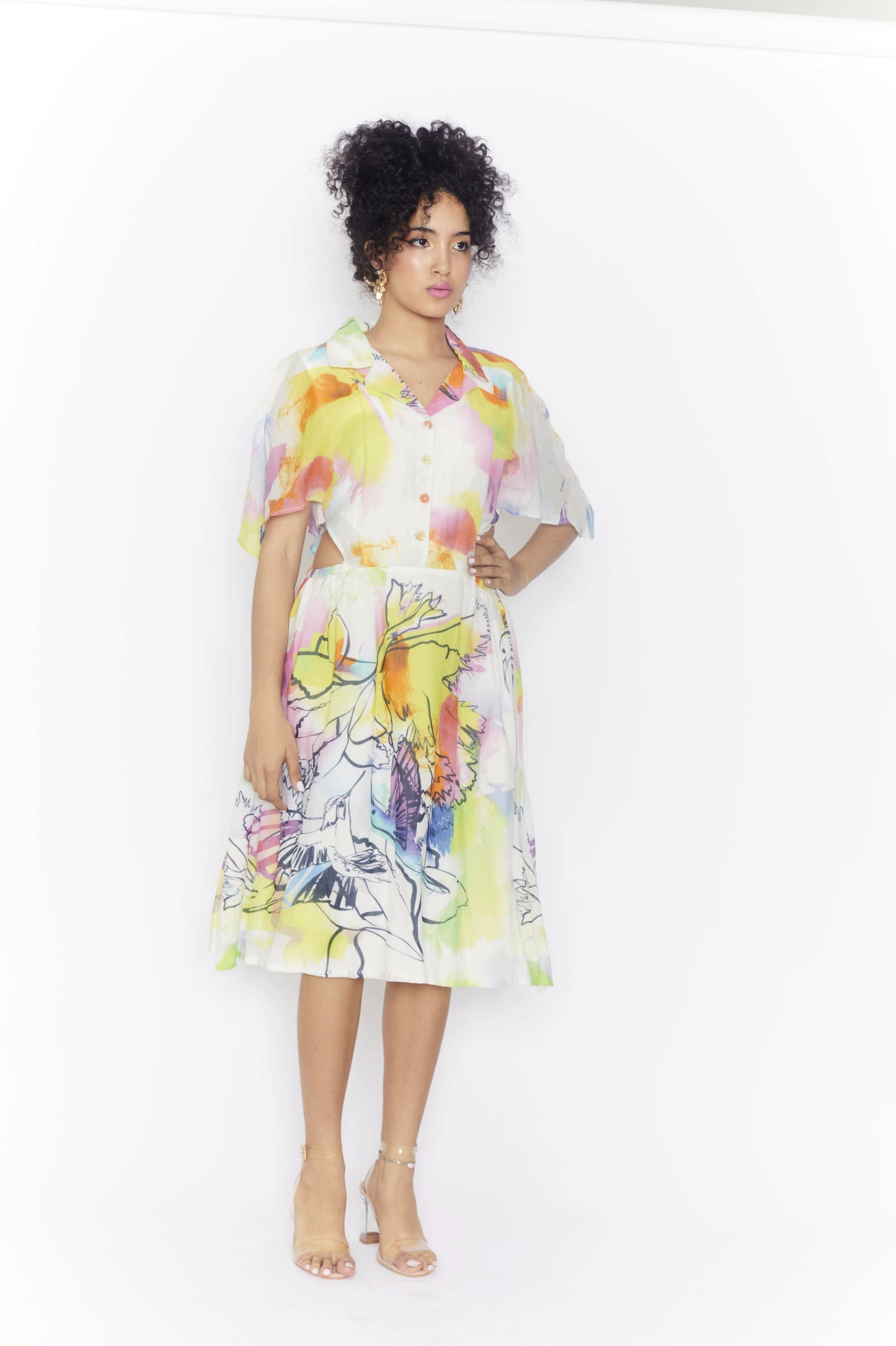 Abstract print Silk/ Cotton A-line Shirt dress