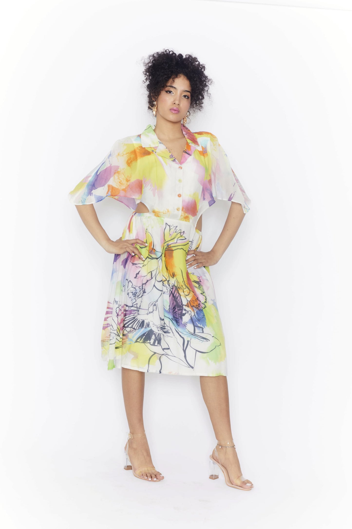 Abstract print Silk/ Cotton A-line Shirt dress
