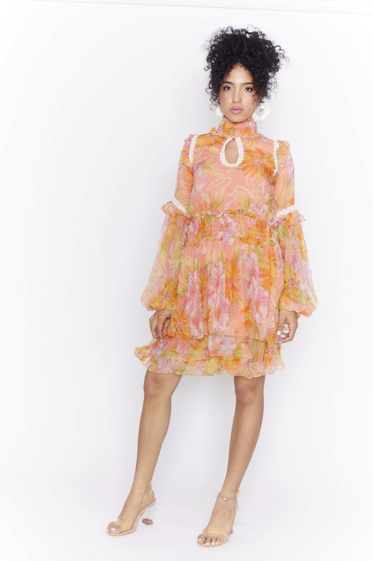 Floral print shirt ruffle dress