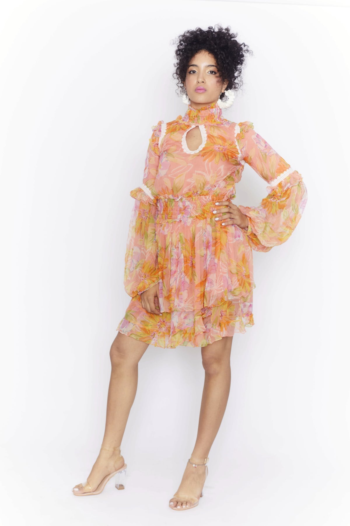 Floral print shirt ruffle dress