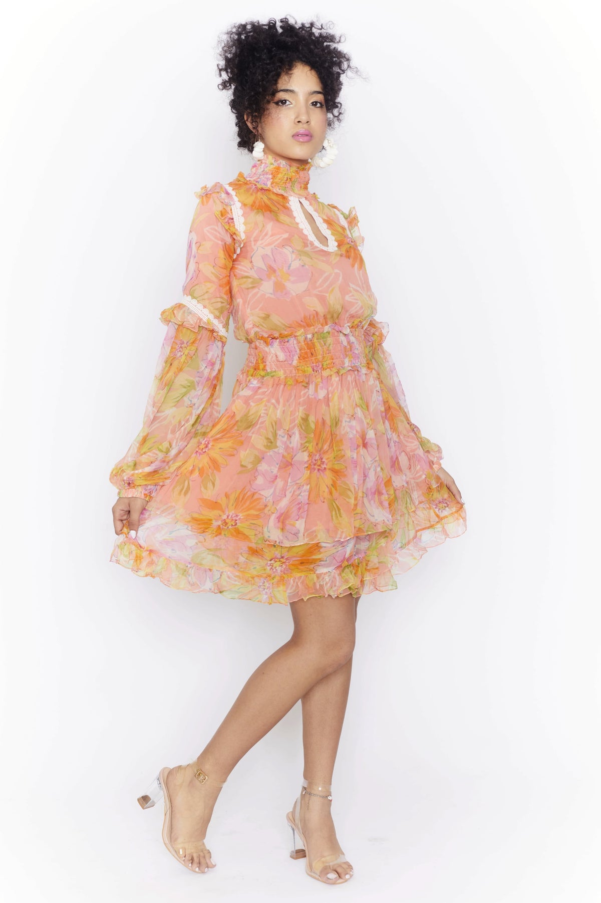 Floral print shirt ruffle dress