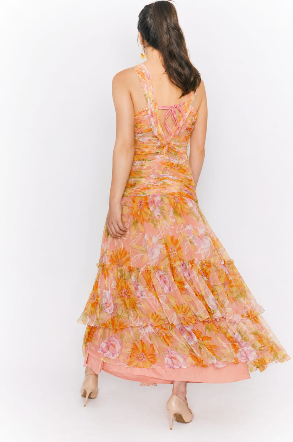 Floral print cutout waist chiffon maxi dress