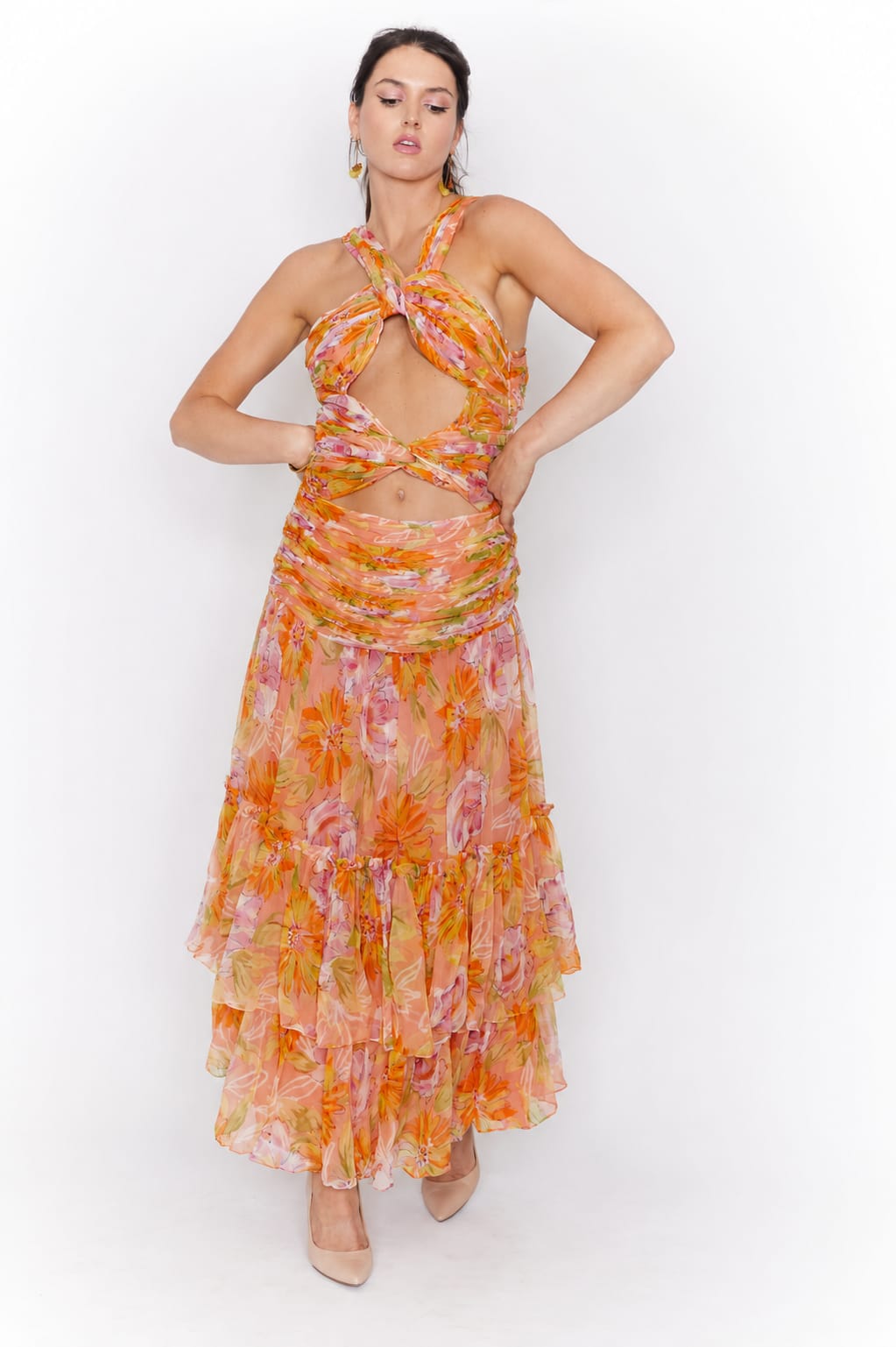 Floral print cutout waist chiffon maxi dress