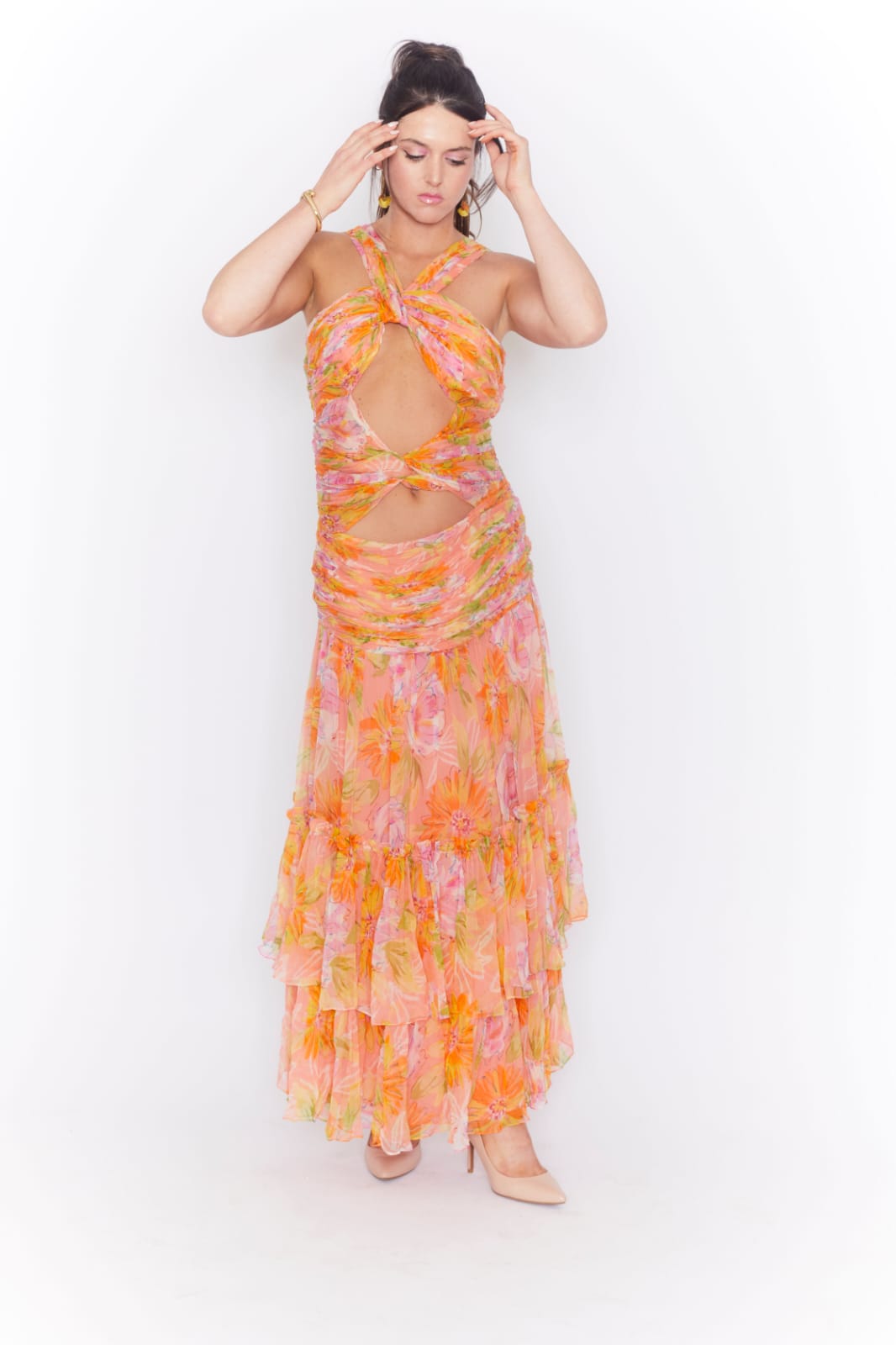 Floral print cutout waist chiffon maxi dress