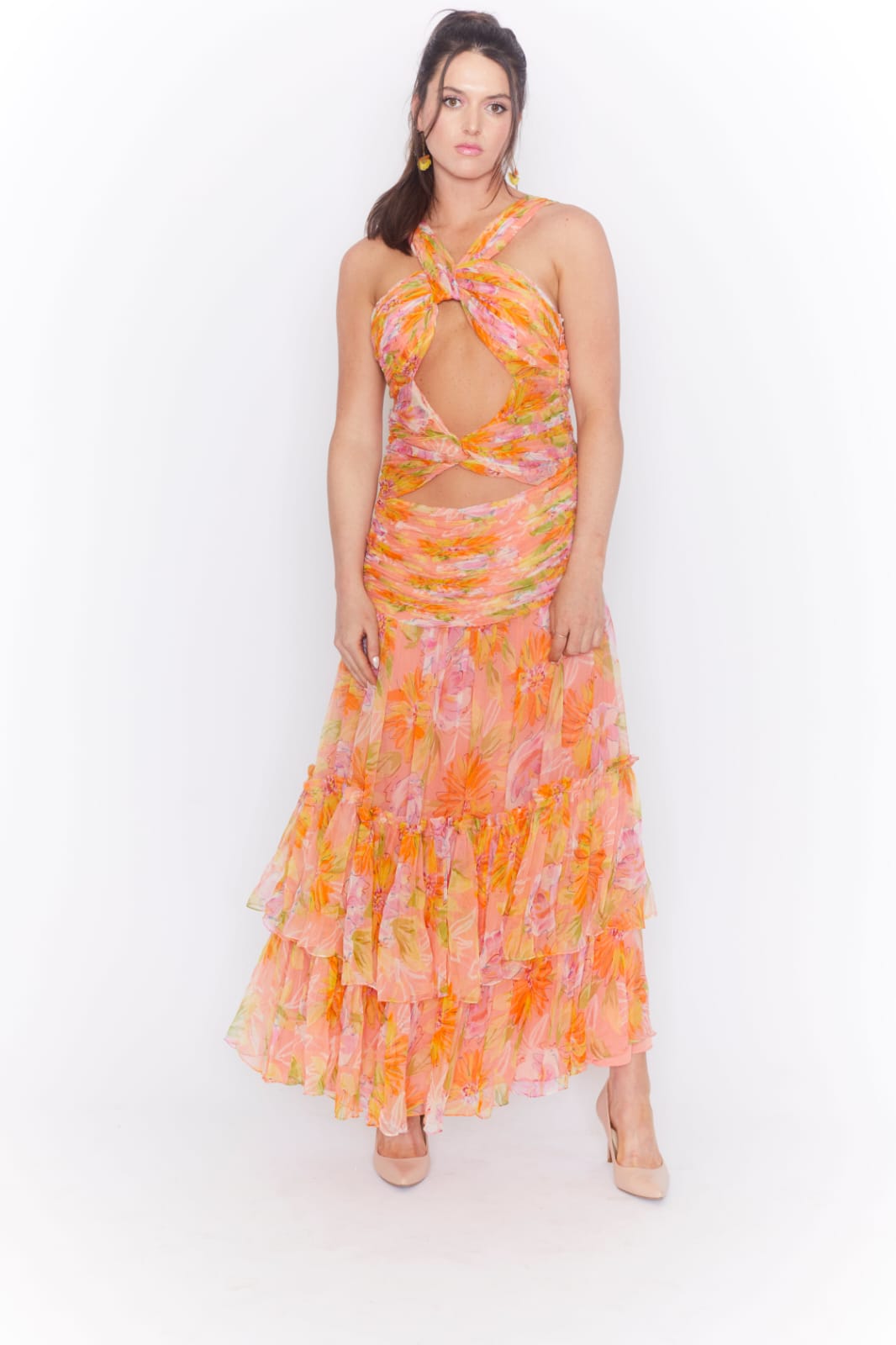 Floral print cutout waist chiffon maxi dress