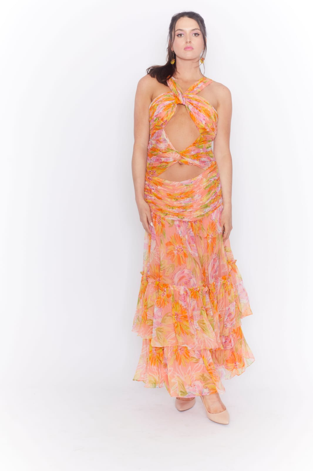 Floral print cutout waist chiffon maxi dress