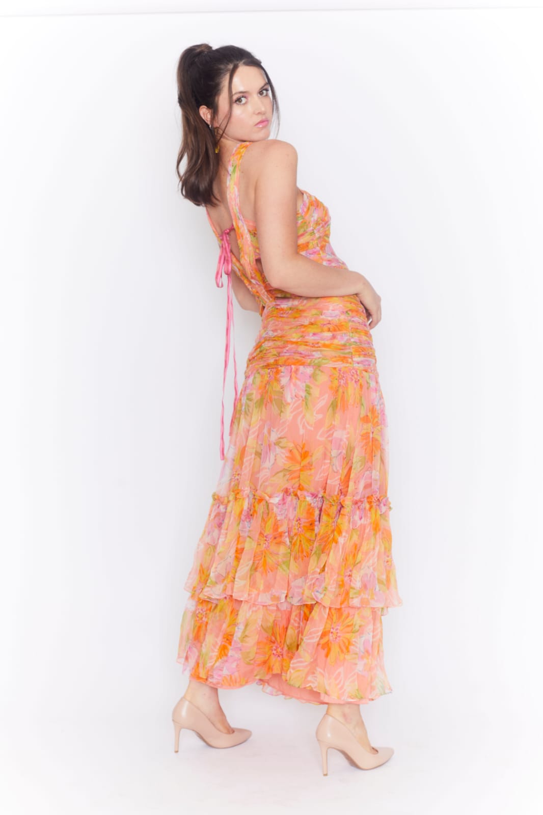 Floral print cutout waist chiffon maxi dress
