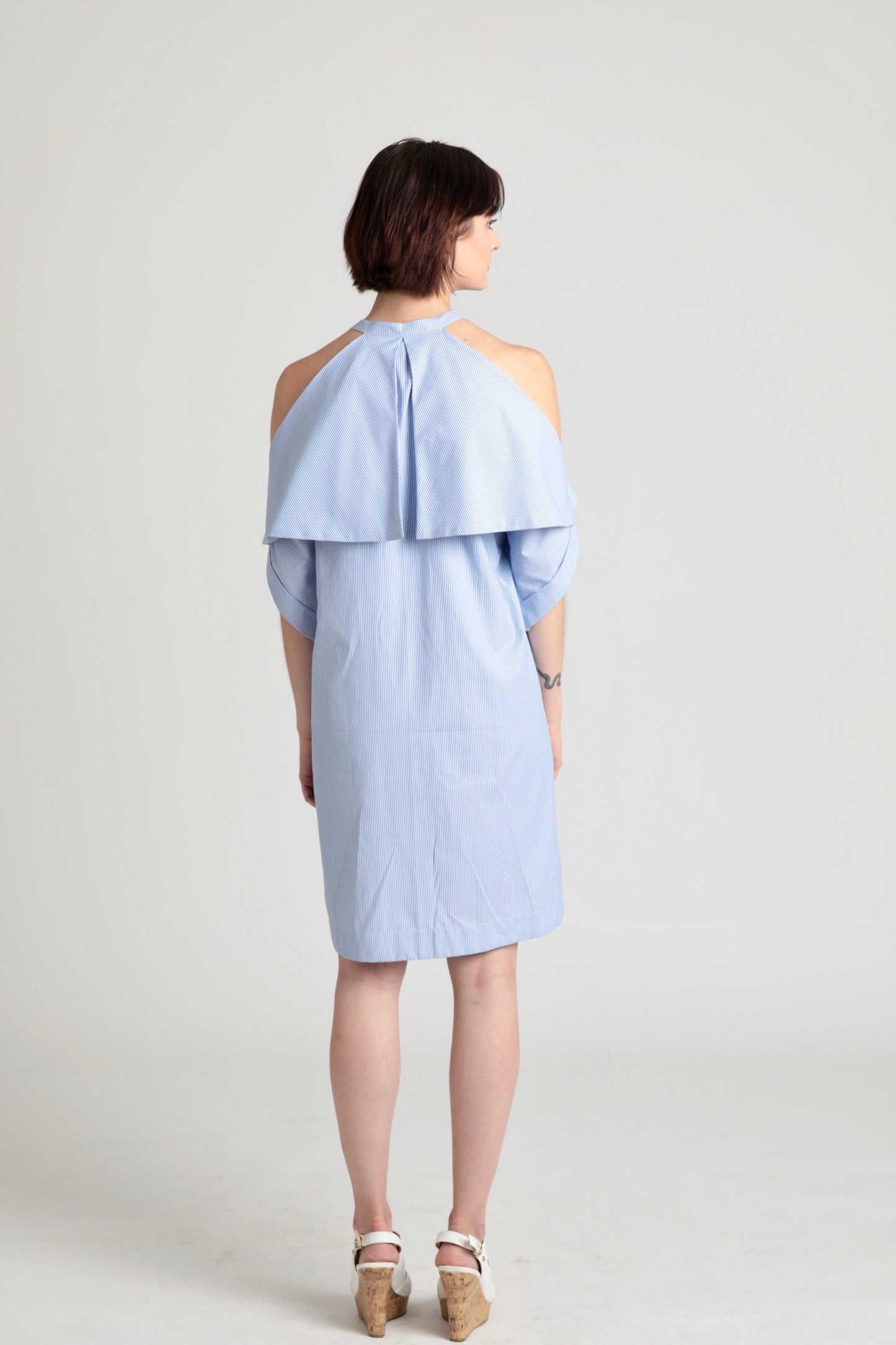 Fold-over open shoulder Cotton shirt dress