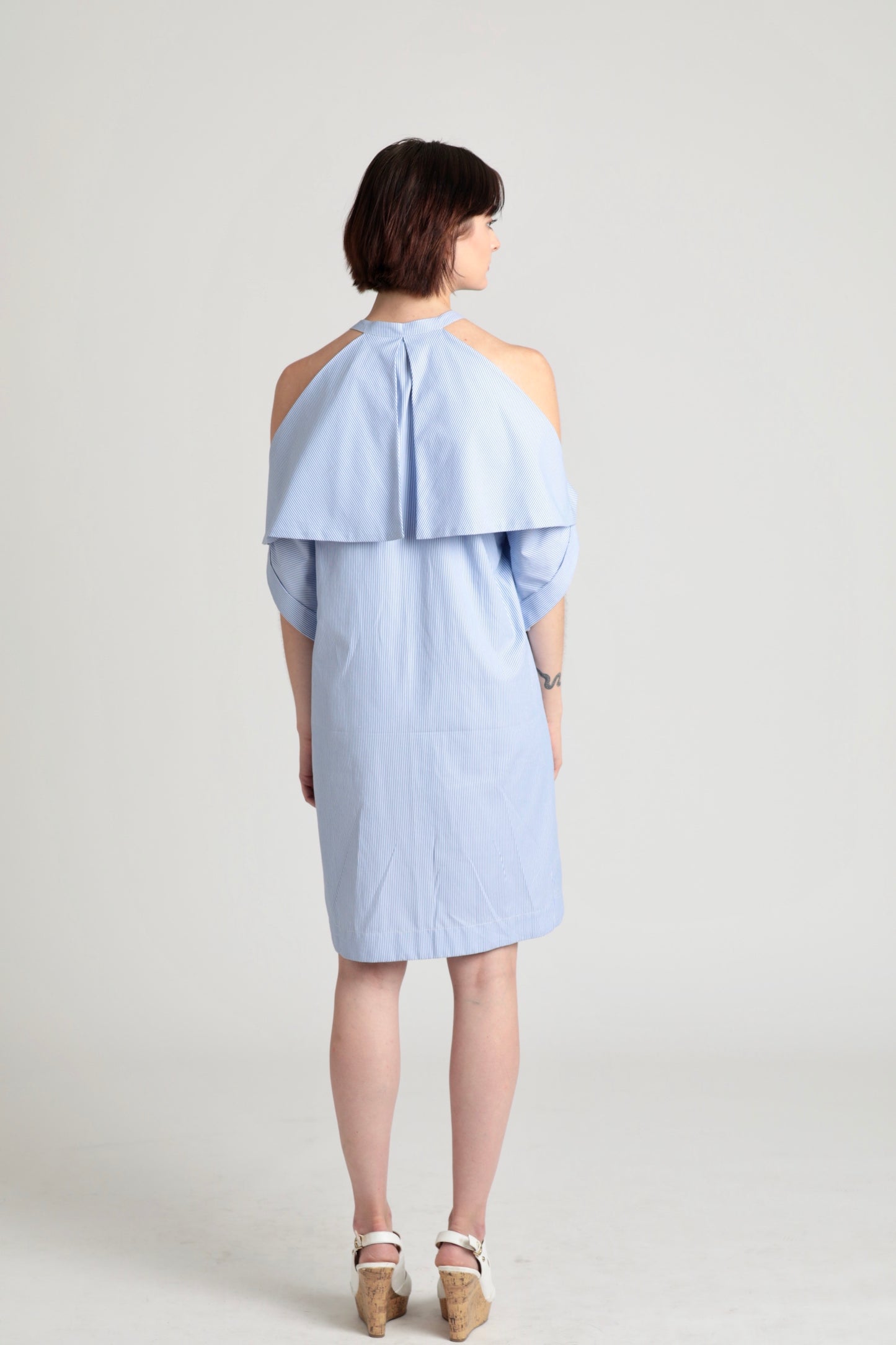 Fold over open shoulder Cotton shirt dress T.Tandon