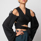 Silk wrap top with cold shoulder & lace details