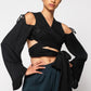 Silk wrap top with cold shoulder & lace details