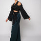Silk wrap top with cold shoulder & lace details