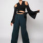 Silk wrap top with cold shoulder & lace details