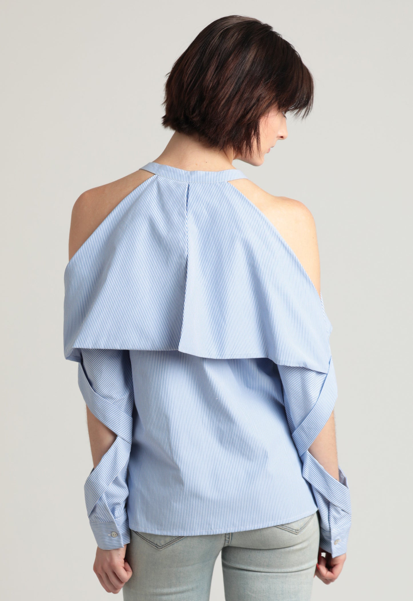Fold-over cold shoulder pinstripe cotton shirt