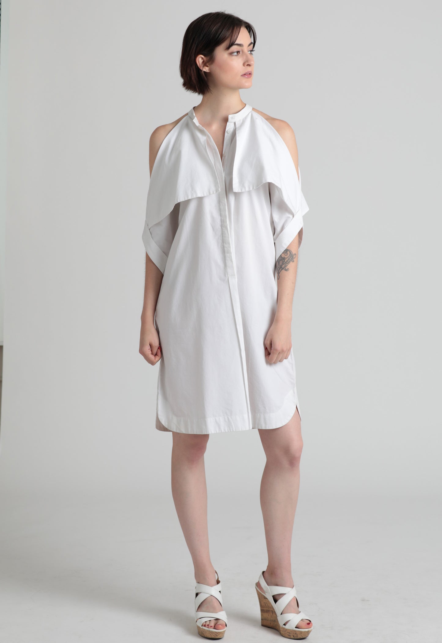 Fold-over cold shoulder cotton shirt dress