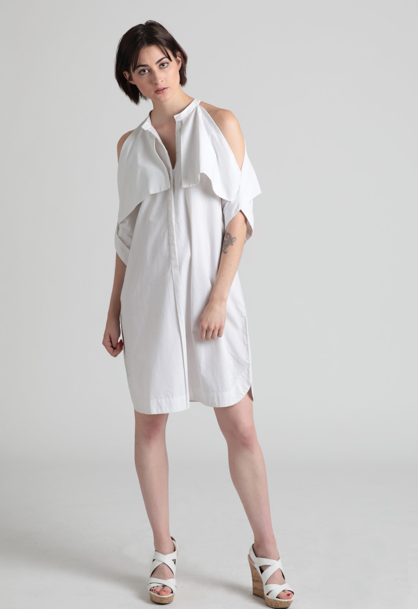 Fold-over cold shoulder cotton shirt dress