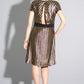 Lia - Metallic gold/ black stripes fit & flare party dress